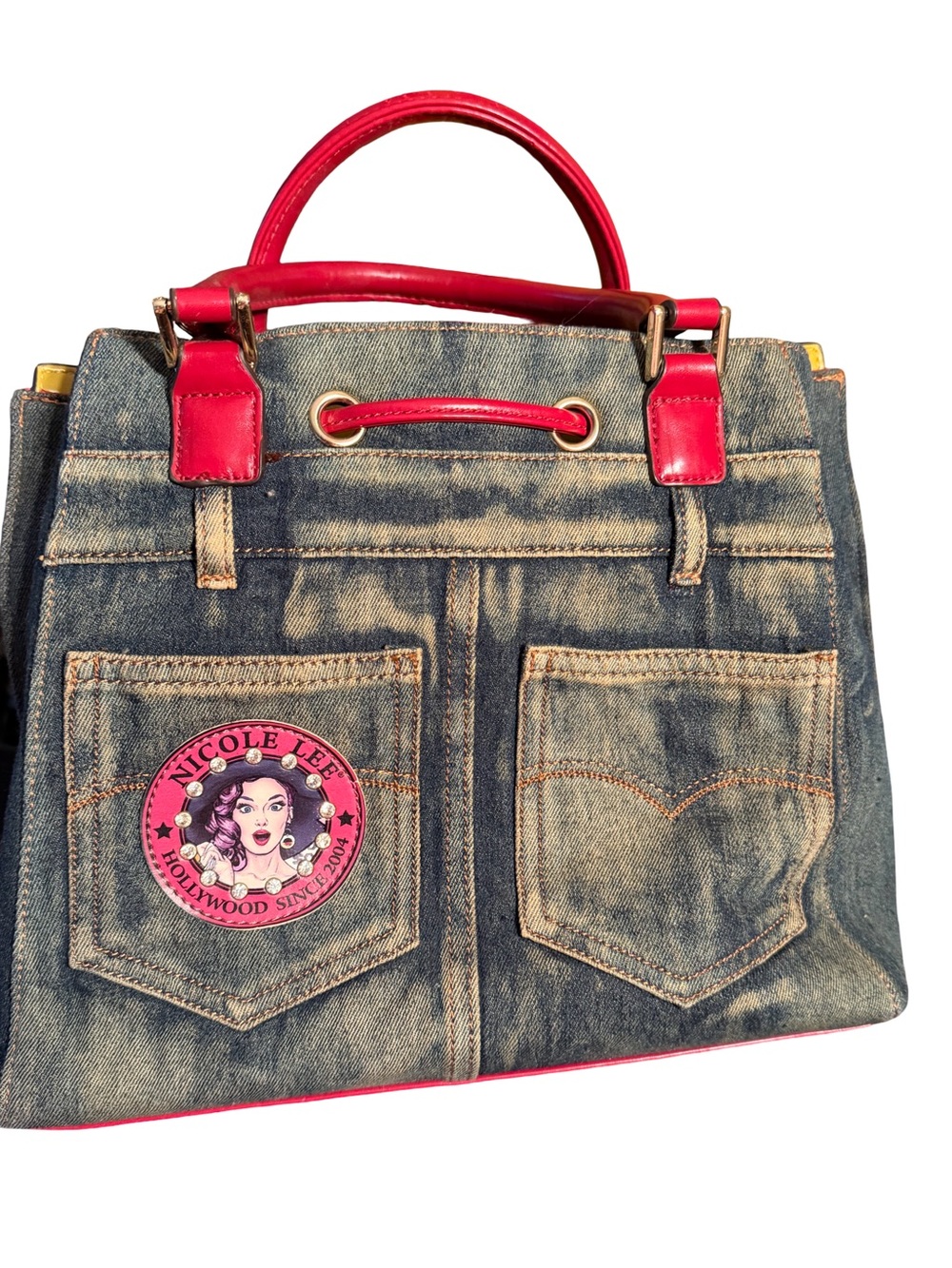 Nicole Lee Pre-Loved Fun Denim Retro Bling Pop-Art Tote with Red Handles (P248) - Picture 3 of 12